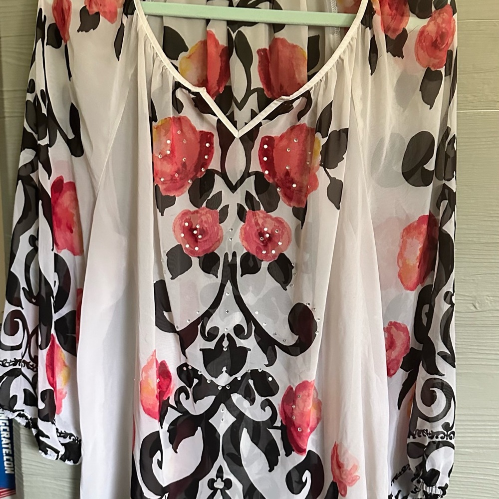 JM Collection Pink Graphic 3/4 Sleeve Sheer Blouse